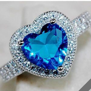 Heart 2 CT Aquamarine & Topaz 925 Sterling Silver Ring-Size 6